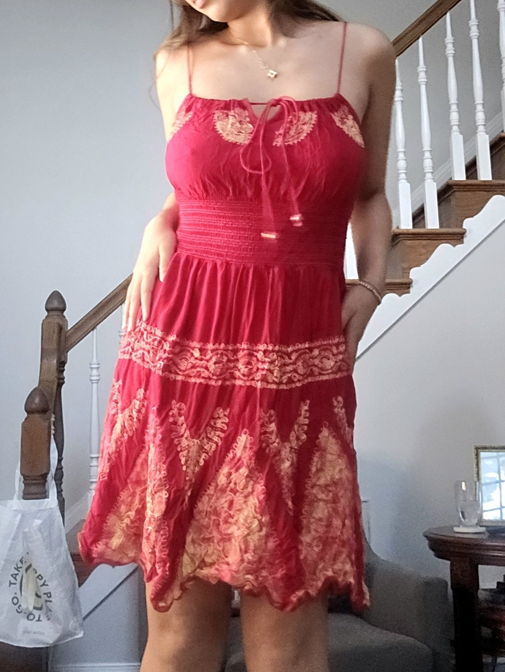 Fashion Terminal Red embroidered handkerchief hem sundress Free Size One Size